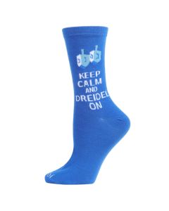 Women's MeMoi Keep Calm & Dreidel On Crew Socks Blue