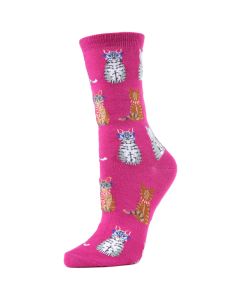 Women's MeMoi Studious Cats Crew Socks Fuchsia